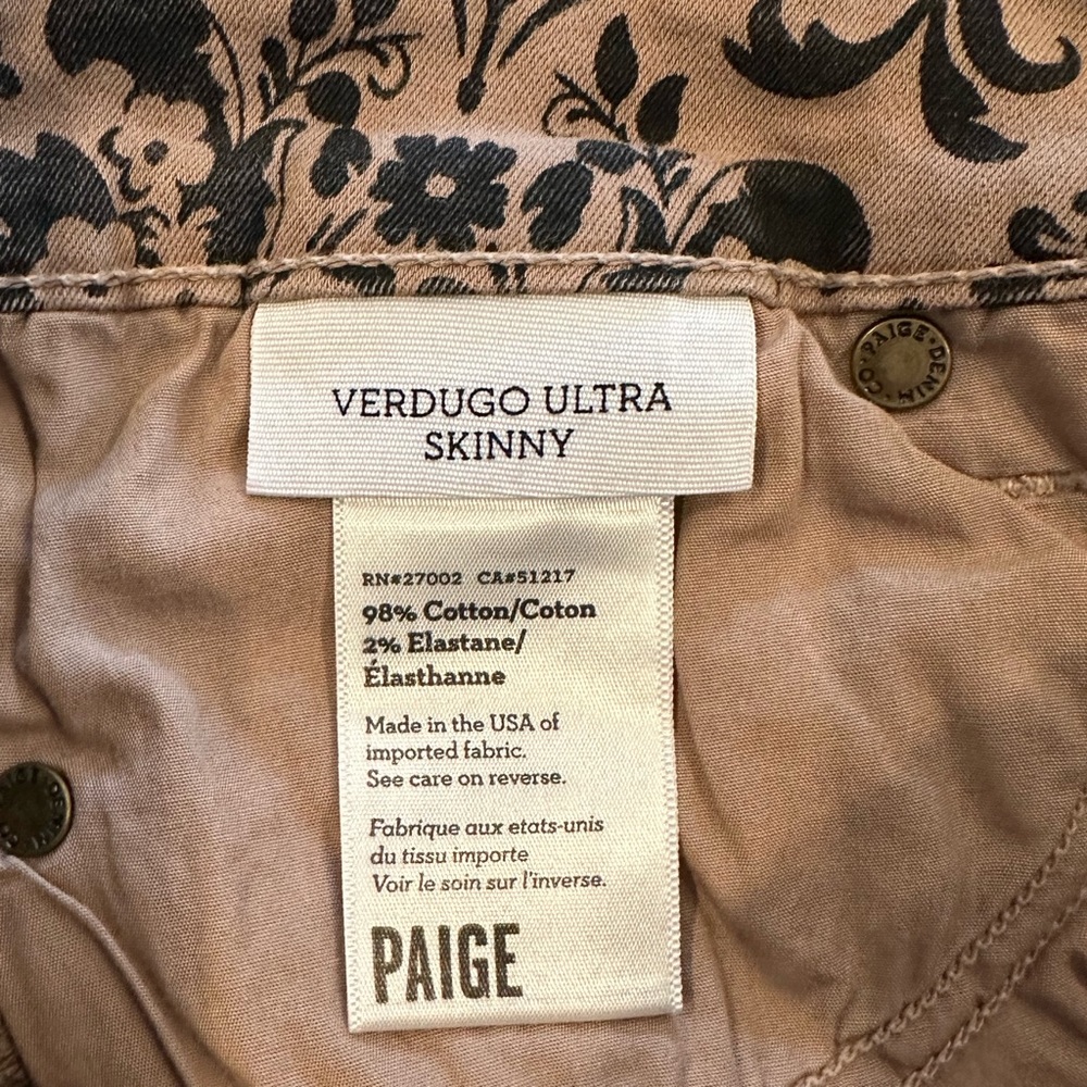 Paige Verdugo Ultra Skinny Jeans Tan Paisley Cotton Pants SZ 28 - Picture 10 of 10